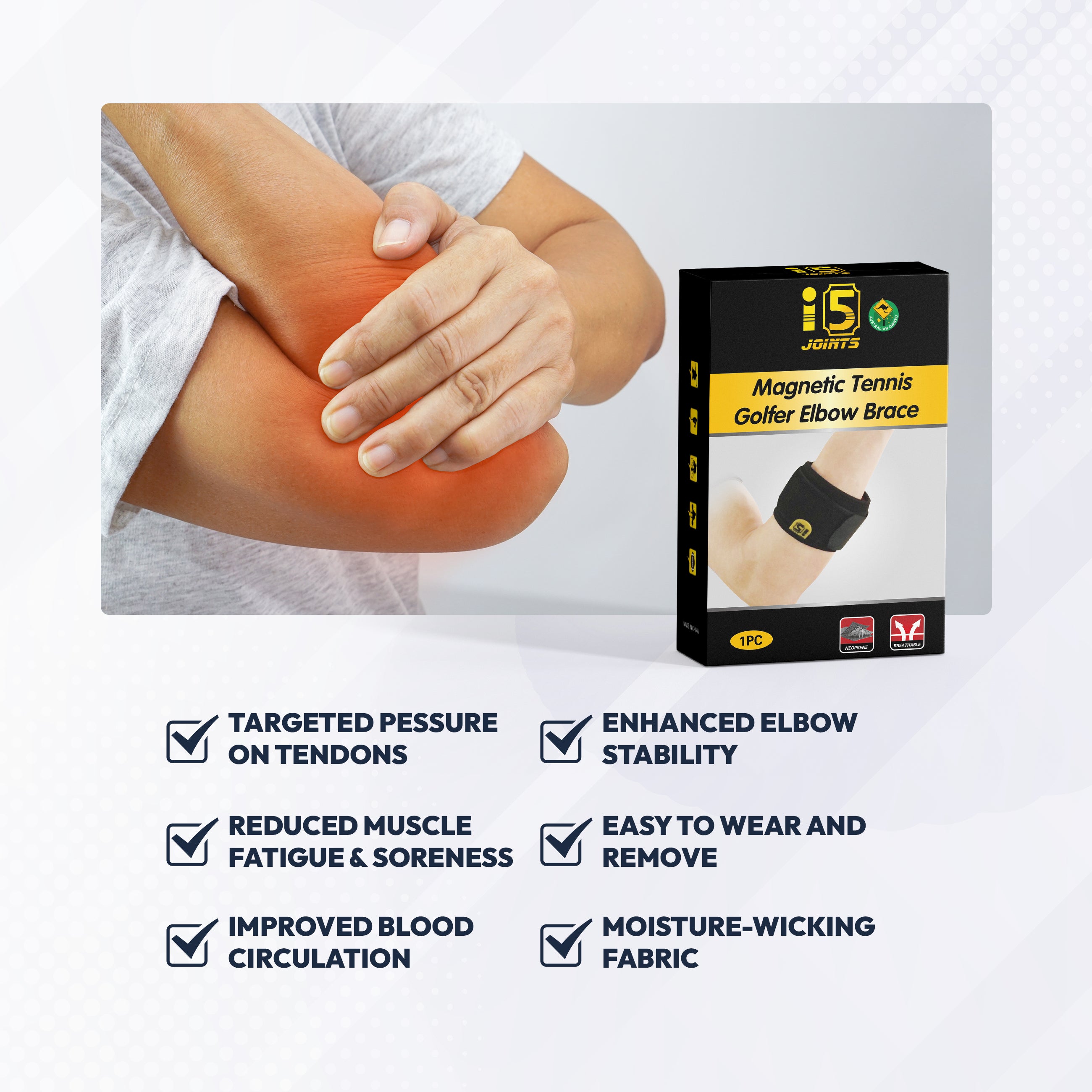 I5Joints Magnetic Tennis Golfer Elbow Brace – Adjustable Elbow Support Strap for Pain Relief and Injury Recovery Australia I5Joints Magnetic Tennis Golfer Elbow Brace – Adjustable Elbow Support Strap for Pain Relief and Injury Recovery Australia